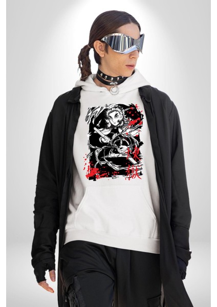 Demon Slayer Kyojuro Rengoku Anime Kadın Erkek Baskılı Üç Iplik Beyaz Kapüşonlu Hodie Sweatshirt indirimleri