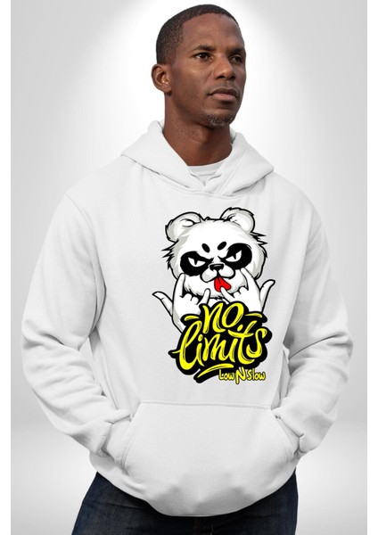 Havalı Panda Limit Yok Kadın Erkek Baskılı Üç Iplik Beyaz Kapüşonlu Hodie Sweatshirt