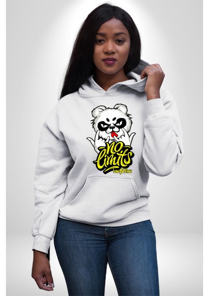 Havalı Panda Limit Yok Kadın Erkek Baskılı Üç Iplik Beyaz Kapüşonlu Hodie Sweatshirt modelleri