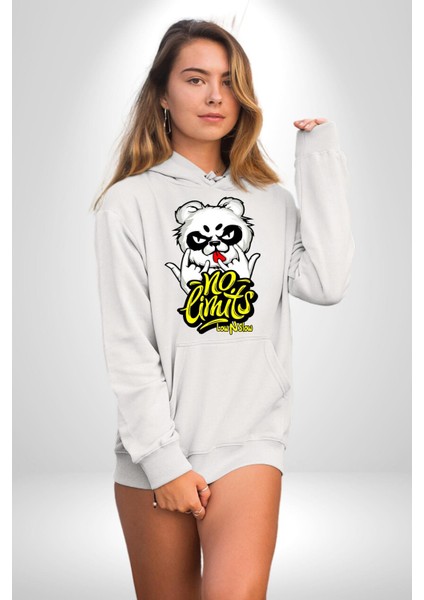 Havalı Panda Limit Yok Kadın Erkek Baskılı Üç Iplik Beyaz Kapüşonlu Hodie Sweatshirt indirimleri
