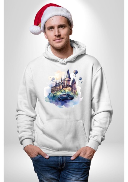 Şato Önünde Uçan Araba Kadın Erkek Baskılı Üç Iplik Beyaz Kapüşonlu Hodie Sweatshirt