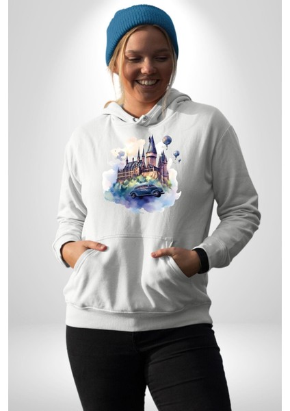 Şato Önünde Uçan Araba Kadın Erkek Baskılı Üç Iplik Beyaz Kapüşonlu Hodie Sweatshirt