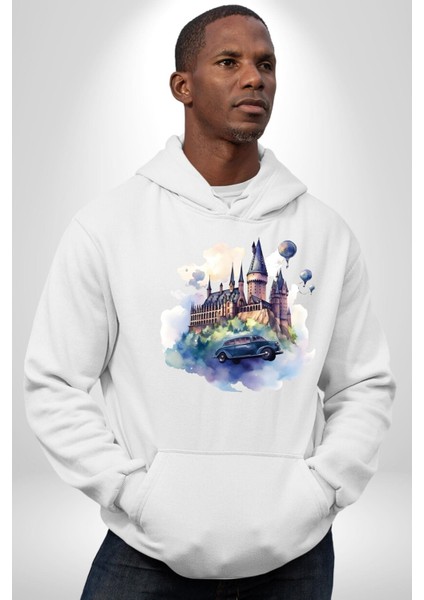 Şato Önünde Uçan Araba Kadın Erkek Baskılı Üç Iplik Beyaz Kapüşonlu Hodie Sweatshirt