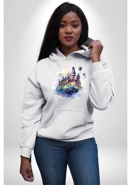 Şato Önünde Uçan Araba Kadın Erkek Baskılı Üç Iplik Beyaz Kapüşonlu Hodie Sweatshirt