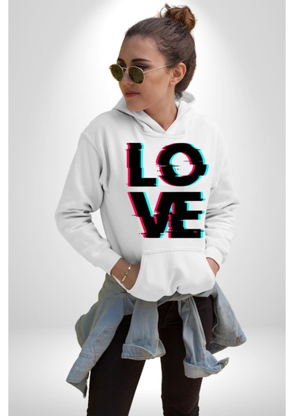 Glitch Aşk Yazısı Mavi Kırmızı Tonları Kadın Erkek Baskılı Üç Iplik Beyaz Kapüşonlu Hodie Sweatshirt