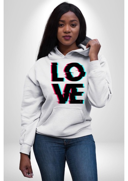 Glitch Aşk Yazısı Mavi Kırmızı Tonları Kadın Erkek Baskılı Üç Iplik Beyaz Kapüşonlu Hodie Sweatshirt fiyatları