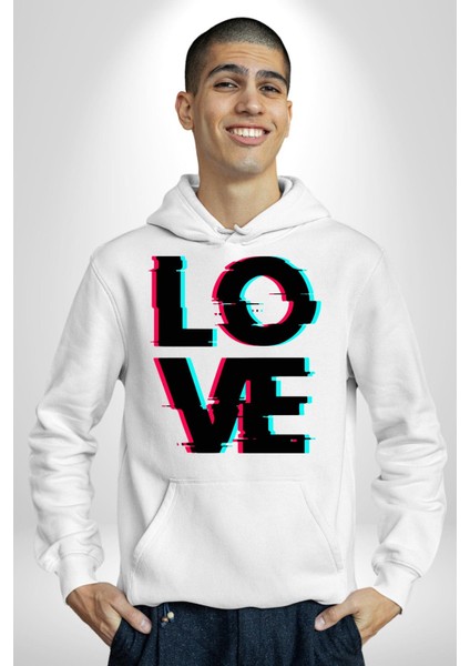 Glitch Aşk Yazısı Mavi Kırmızı Tonları Kadın Erkek Baskılı Üç Iplik Beyaz Kapüşonlu Hodie Sweatshirt modelleri