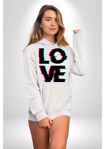 Glitch Aşk Yazısı Mavi Kırmızı Tonları Kadın Erkek Baskılı Üç Iplik Beyaz Kapüşonlu Hodie Sweatshirt fırsatları
