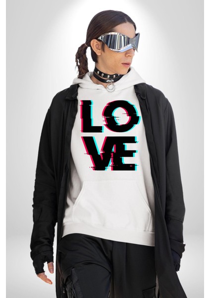 Glitch Aşk Yazısı Mavi Kırmızı Tonları Kadın Erkek Baskılı Üç Iplik Beyaz Kapüşonlu Hodie Sweatshirt indirimleri