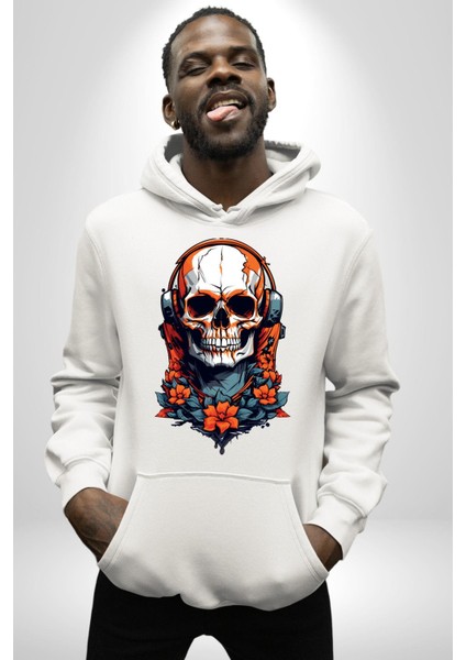 Müzik Dinleyen Havalı Kurukafa Kadın Erkek Baskılı Üç Iplik Beyaz Kapüşonlu Hodie Sweatshirt fiyatları