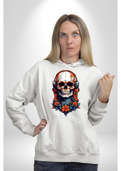 Müzik Dinleyen Havalı Kurukafa Kadın Erkek Baskılı Üç Iplik Beyaz Kapüşonlu Hodie Sweatshirt modelleri