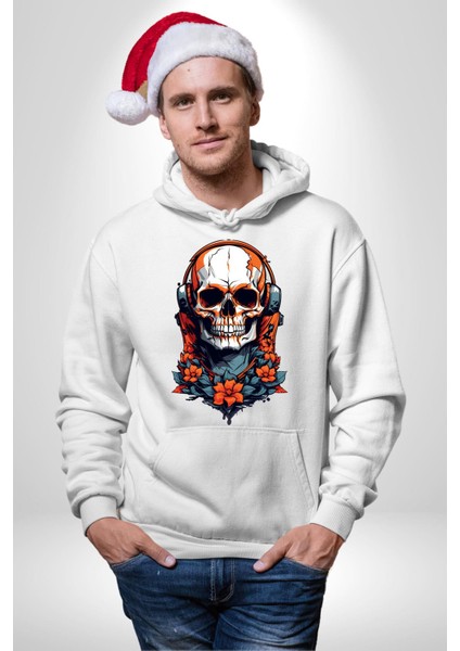 Müzik Dinleyen Havalı Kurukafa Kadın Erkek Baskılı Üç Iplik Beyaz Kapüşonlu Hodie Sweatshirt fırsatları