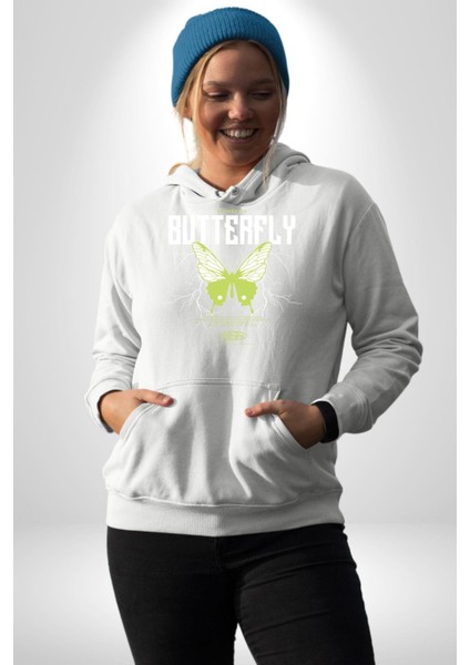 Otantik Kelebek Sokak Tarzı Kadın Erkek Baskılı Üç Iplik Beyaz Kapüşonlu Hodie Sweatshirt