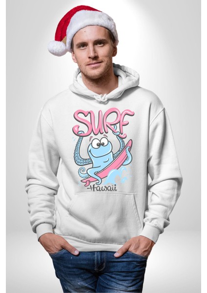 Hawaii Sörfçü Ahtopot Yaz Zamanı Kadın Erkek Baskılı Üç Iplik Beyaz Kapüşonlu Hodie Sweatshirt
