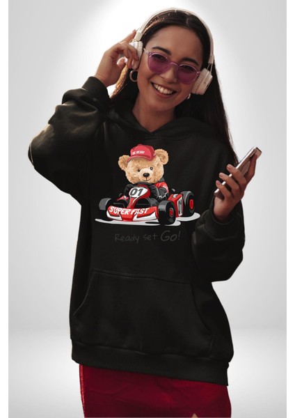 Süper Hızlı Go Kart Oyuncak Ayı Kadın Erkek Baskılı Üç Iplik Siyah Kapüşonlu Hodie Sweatshirt