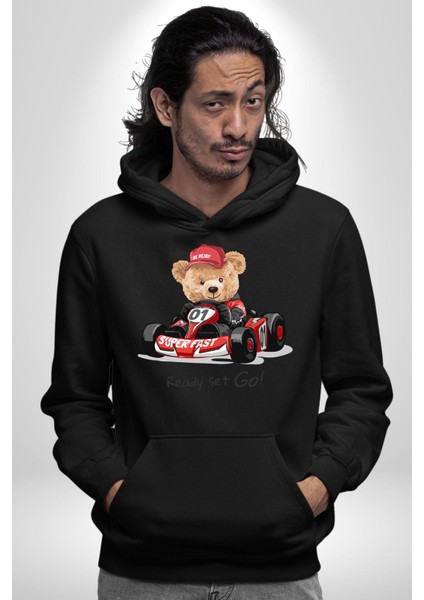 Süper Hızlı Go Kart Oyuncak Ayı Kadın Erkek Baskılı Üç Iplik Siyah Kapüşonlu Hodie Sweatshirt modelleri