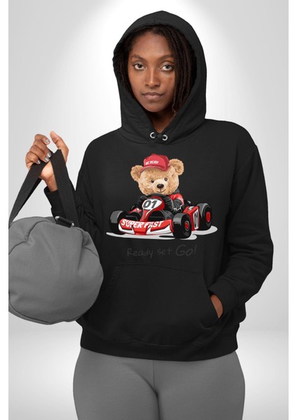 Süper Hızlı Go Kart Oyuncak Ayı Kadın Erkek Baskılı Üç Iplik Siyah Kapüşonlu Hodie Sweatshirt fırsatları