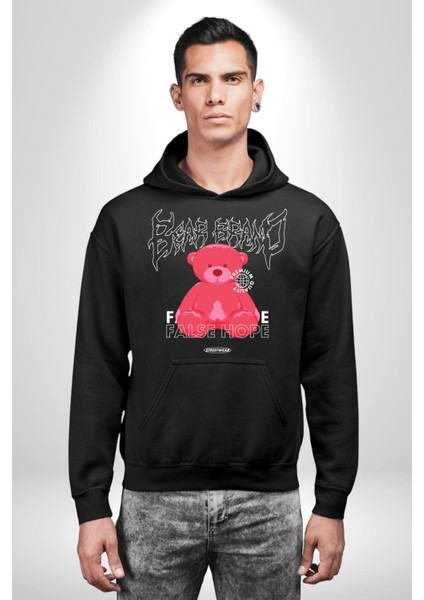 Umut Oyuncak Ayı Sokak Tarzı Kadın Erkek Baskılı Üç Iplik Siyah Kapüşonlu Hodie Sweatshirt modelleri