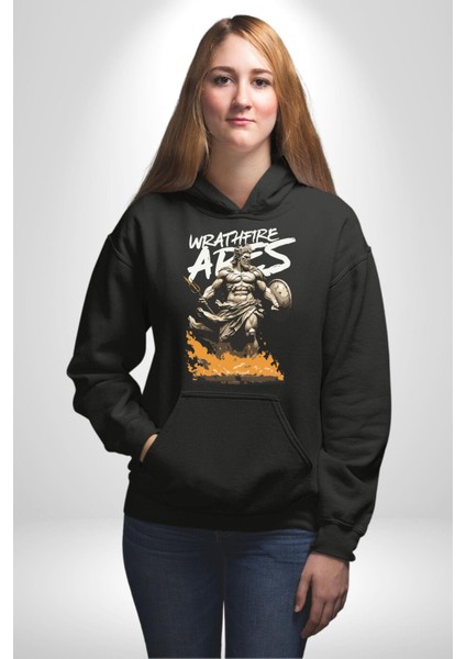 Muzaffer Savaşçı Antik Savaşçı Kadın Erkek Baskılı Üç Iplik Siyah Kapüşonlu Hodie Sweatshirt indirimleri