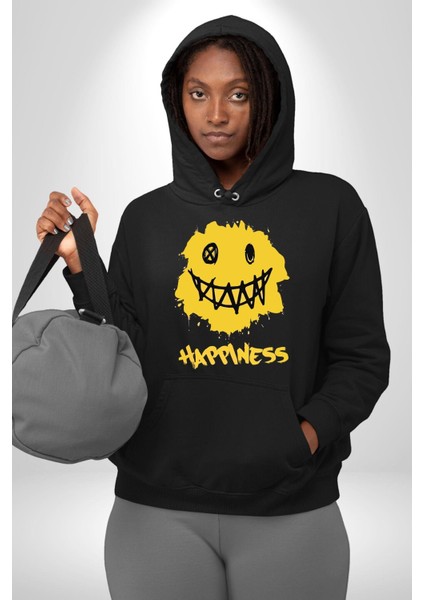 Mutluluk Kara Kalen Gülen Yüz Kadın Erkek Baskılı Üç Iplik Siyah Kapüşonlu Hodie Sweatshirt