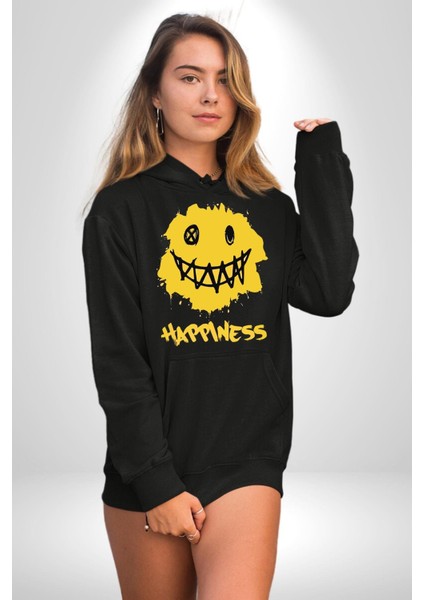 Mutluluk Kara Kalen Gülen Yüz Kadın Erkek Baskılı Üç Iplik Siyah Kapüşonlu Hodie Sweatshirt fiyatları