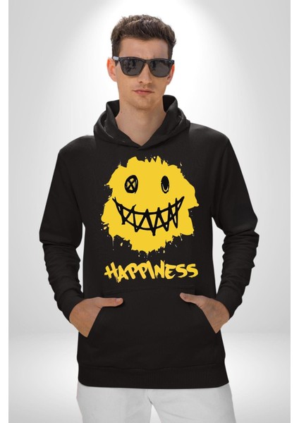 Mutluluk Kara Kalen Gülen Yüz Kadın Erkek Baskılı Üç Iplik Siyah Kapüşonlu Hodie Sweatshirt fırsatları