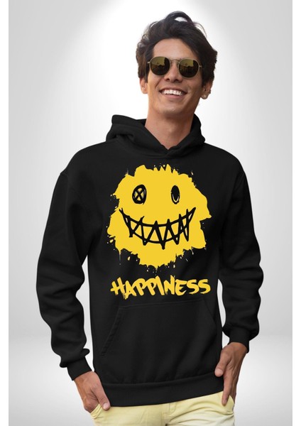 Mutluluk Kara Kalen Gülen Yüz Kadın Erkek Baskılı Üç Iplik Siyah Kapüşonlu Hodie Sweatshirt indirimleri