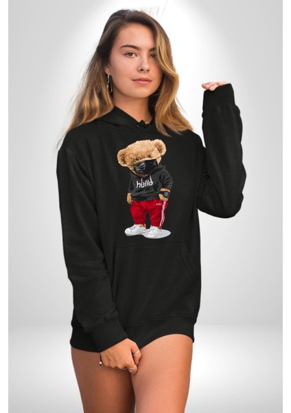 Sokak Tarzı Oyuncak Ayı Kadın Erkek Baskılı Üç Iplik Siyah Kapüşonlu Hodie Sweatshirt