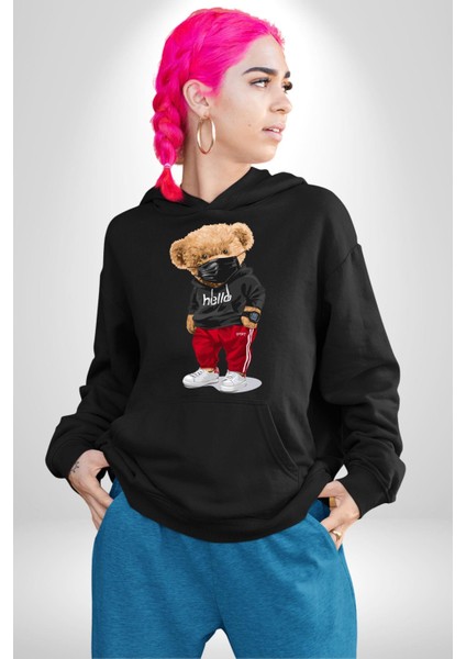 Sokak Tarzı Oyuncak Ayı Kadın Erkek Baskılı Üç Iplik Siyah Kapüşonlu Hodie Sweatshirt fiyatları