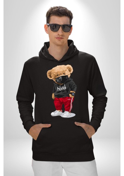 Sokak Tarzı Oyuncak Ayı Kadın Erkek Baskılı Üç Iplik Siyah Kapüşonlu Hodie Sweatshirt modelleri