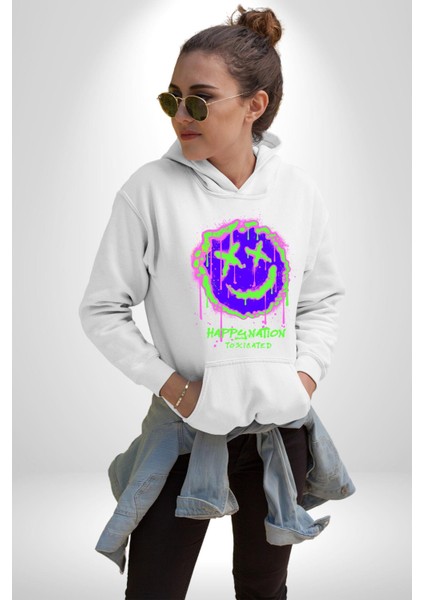 Mutlu Ulus Zehirlendi Sokak Tarzı Kadın Erkek Baskılı Üç Iplik Beyaz Kapüşonlu Hodie Sweatshirt