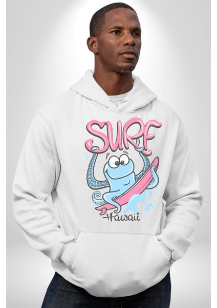 Hawaii Sörfçü Ahtopot Yaz Zamanı Kadın Erkek Baskılı Üç Iplik Beyaz Kapüşonlu Hodie Sweatshirt modelleri