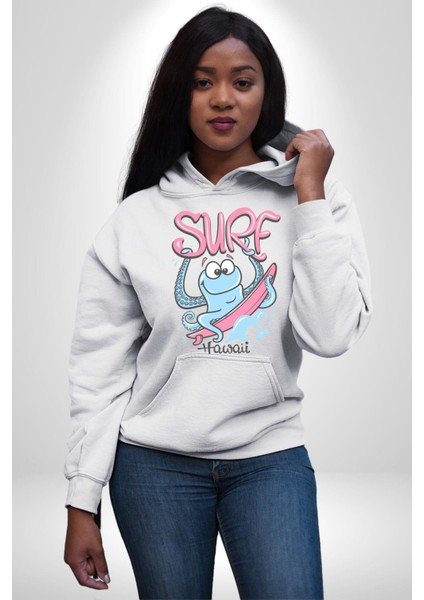 Hawaii Sörfçü Ahtopot Yaz Zamanı Kadın Erkek Baskılı Üç Iplik Beyaz Kapüşonlu Hodie Sweatshirt indirimleri
