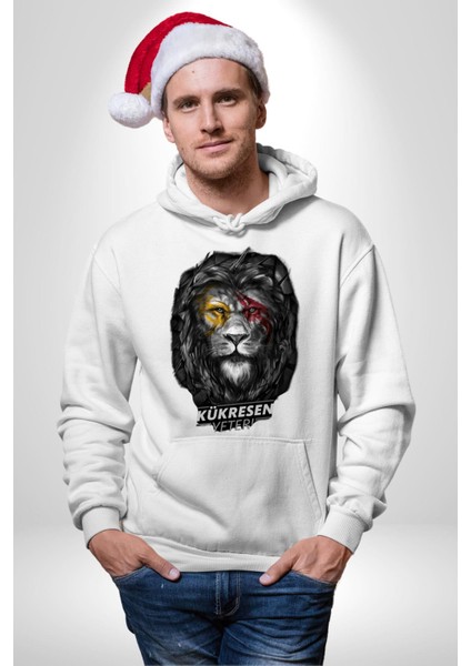 Kükresen Yeter Aslan Kadın Erkek Baskılı Üç Iplik Beyaz Kapüşonlu Hodie Sweatshirt