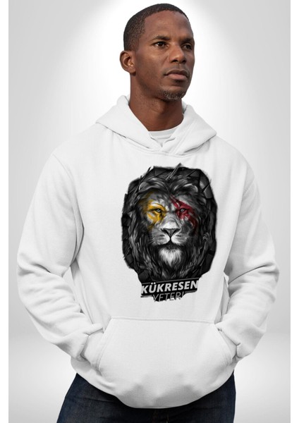 Kükresen Yeter Aslan Kadın Erkek Baskılı Üç Iplik Beyaz Kapüşonlu Hodie Sweatshirt modelleri