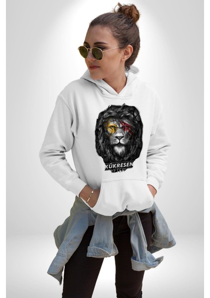 Kükresen Yeter Aslan Kadın Erkek Baskılı Üç Iplik Beyaz Kapüşonlu Hodie Sweatshirt fırsatları