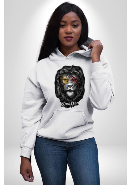Kükresen Yeter Aslan Kadın Erkek Baskılı Üç Iplik Beyaz Kapüşonlu Hodie Sweatshirt indirimleri