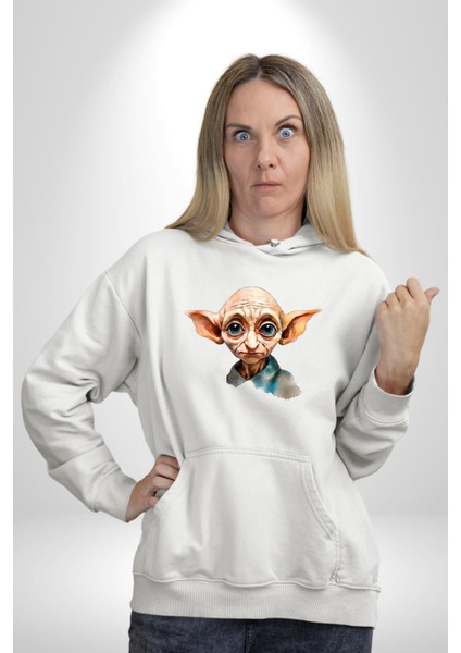 Dobby Tatlı Cüce Kadın Erkek Baskılı Üç Iplik Beyaz Kapüşonlu Hodie Sweatshirt