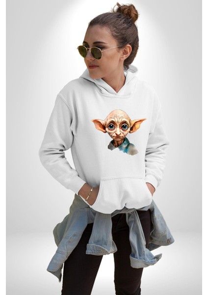 Dobby Tatlı Cüce Kadın Erkek Baskılı Üç Iplik Beyaz Kapüşonlu Hodie Sweatshirt