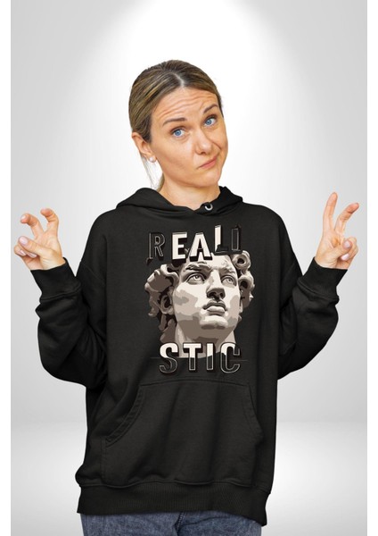 Gerçekçi Yakışıklı Roma Antik Heykel Kadın Erkek Baskılı Üç Iplik Siyah Kapüşonlu Hodie Sweatshirt