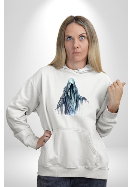 Ruh Emici Saldırgan Hayalet Kadın Erkek Baskılı Üç Iplik Beyaz Kapüşonlu Hodie Sweatshirt