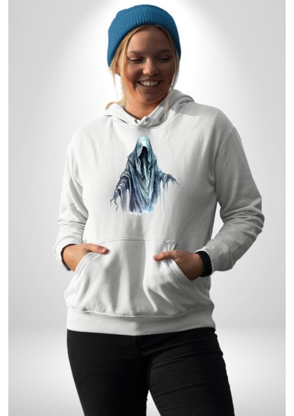 Ruh Emici Saldırgan Hayalet Kadın Erkek Baskılı Üç Iplik Beyaz Kapüşonlu Hodie Sweatshirt