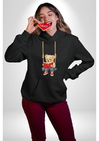 Sallanan Oyuncak Ayı Kadın Erkek Baskılı Üç Iplik Siyah Kapüşonlu Hodie Sweatshirt