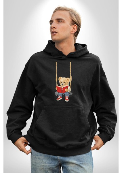 Sallanan Oyuncak Ayı Kadın Erkek Baskılı Üç Iplik Siyah Kapüşonlu Hodie Sweatshirt