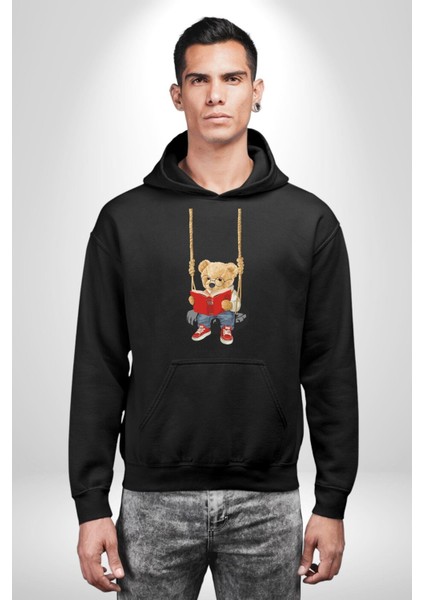 Sallanan Oyuncak Ayı Kadın Erkek Baskılı Üç Iplik Siyah Kapüşonlu Hodie Sweatshirt