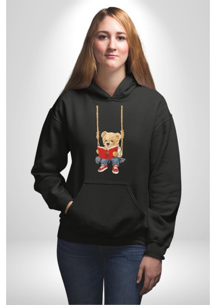 Sallanan Oyuncak Ayı Kadın Erkek Baskılı Üç Iplik Siyah Kapüşonlu Hodie Sweatshirt