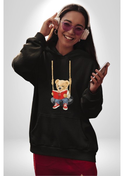 Sallanan Oyuncak Ayı Kadın Erkek Baskılı Üç Iplik Siyah Kapüşonlu Hodie Sweatshirt