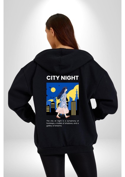 Şehir Gecesi Ayak Seslerinin Senfonisi Kadın Erkek Baskılı Fermuarlı Kapüşonlu Hırka Sweatshirt modelleri