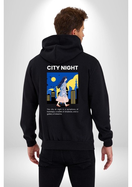 Şehir Gecesi Ayak Seslerinin Senfonisi Kadın Erkek Baskılı Fermuarlı Kapüşonlu Hırka Sweatshirt indirimleri
