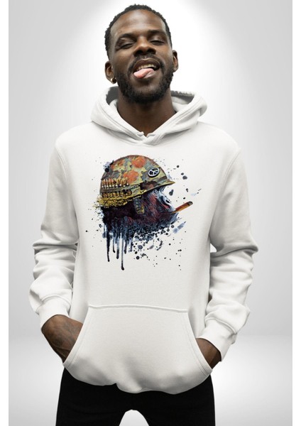 Barış Savaşçısı Havalı Goril Kadın Erkek Baskılı Üç Iplik Beyaz Kapüşonlu Hodie Sweatshirt